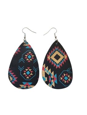 (3)Boho Teardrop Aztec Print Earrings — Black and Multi